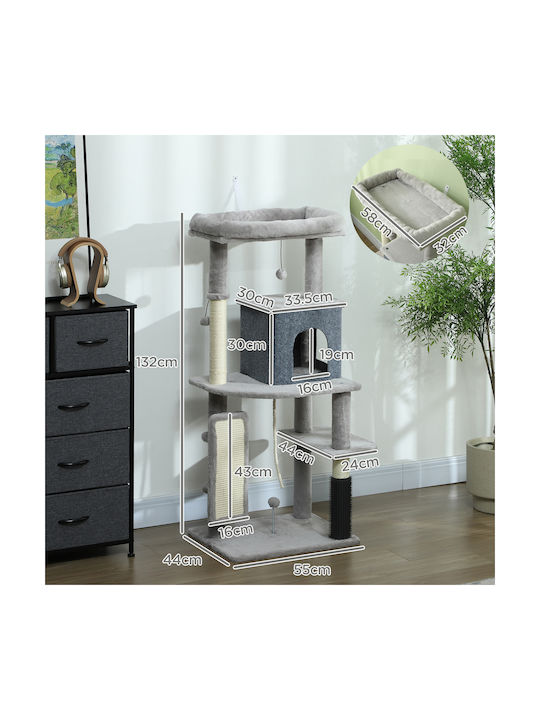 Pawhut Tall Multi-Level Cat Tree 132 cm House Bed Scratching Posts Brush Ball Gray D30-842v01lg