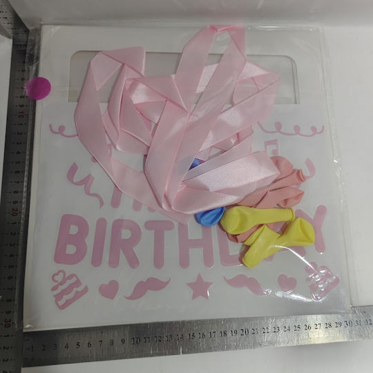 Cutie Balon Flippy Temă De Ziua De Naștere Design Script La Mulți Ani Balonase Albastre Roz Galbene Panglică Inclusă Contur Alb Transparent 30x30 Cm