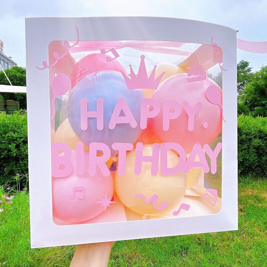 Cutie Balon Flippy Temă De Ziua De Naștere Design Script La Mulți Ani Balonase Albastre Roz Galbene Panglică Inclusă Contur Alb Transparent 30x30 Cm