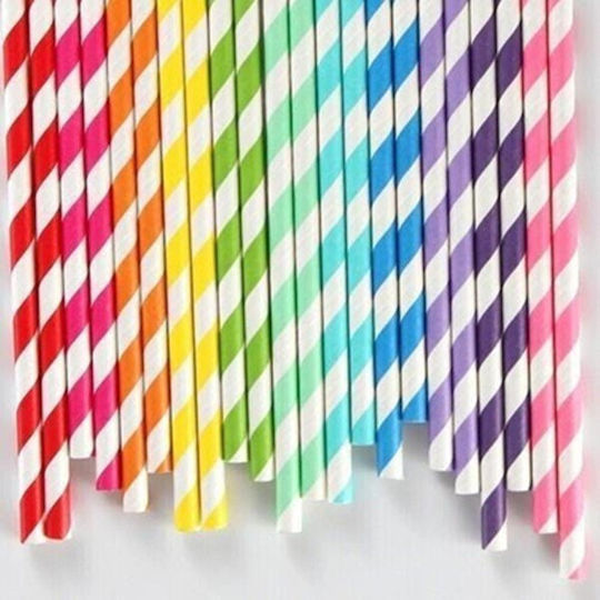 Set 25 Straws Flippy Paper 20 Cm Striped Pattern Multicolor
