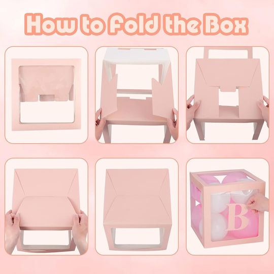 Set 4 Cutii Pentru Baloane Flippy Baby Script Design Temă Dragoste Cuburi Decorative Din Plastic Accesorii Pentru Petreceri 30 X 30 Cm Contur Roz Transparent