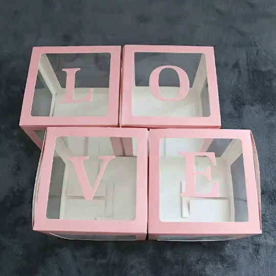 Set 4 Cutii Pentru Baloane Flippy Design Script Love Tematică Love Cuburi Decorative Din Plastic Accesorii Pentru Petreceri 30 X 30 Cm Transparent Contur Roz