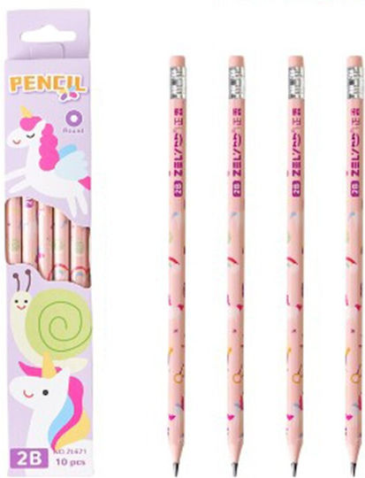 Set 10 Black Pencils Flippy 2b School Students Eraser Pink Unicorn Design