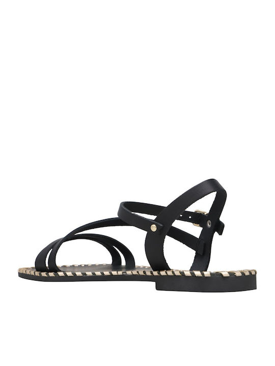 Leather Women's Flat Sandals in Black Color