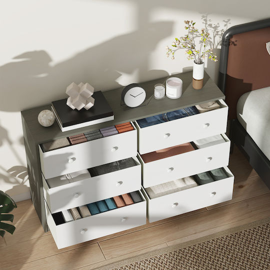 Wooden & Metallic Chest of Drawers Λευκό Και Γκρι with Fabric Coating 114x30x70cm