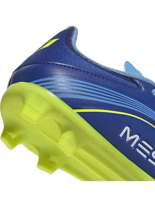F50 Messi League FG MG Kids Soccer Cleats with Molded Outsole Royal Blue Solar Yellow and Semi Blue Burst