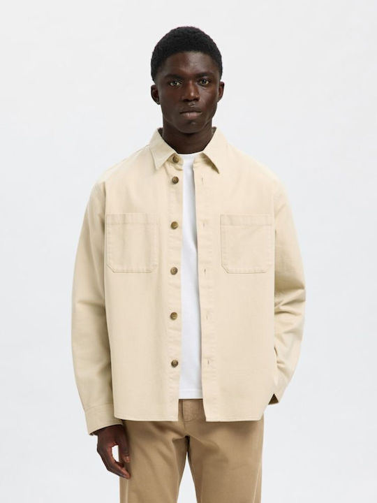 Μακρυμάνικo Βαμβακερό Overshirt σε Κανονική Γραμμή Oatmeal (μπεζ)