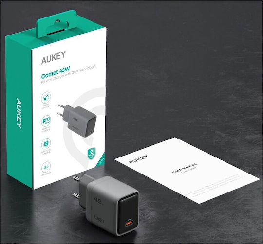 Aukey Charger with Built-in Cable with USB-C Port 45W Power Delivery / Quick Charge 4+ Gray (PA-C2)