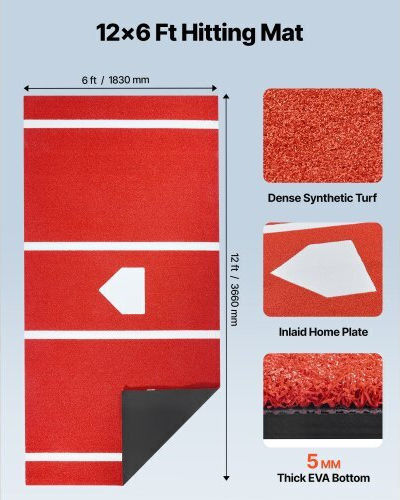 Vevor 366x183cm Baseball Hitting Mat Softball Batting Mat Outdoor Training Red