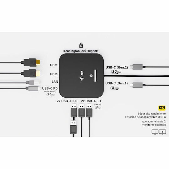 i-tec USB-C Docking Station with HDMI 4K PD Ethernet and Support for 2 Monitors Black (C31DUALHDMIDPD100)