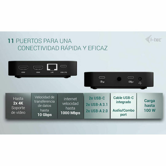 i-tec USB-C Docking Station with HDMI 4K PD Ethernet and Support for 2 Monitors Black (C31DUALHDMIDPD100)