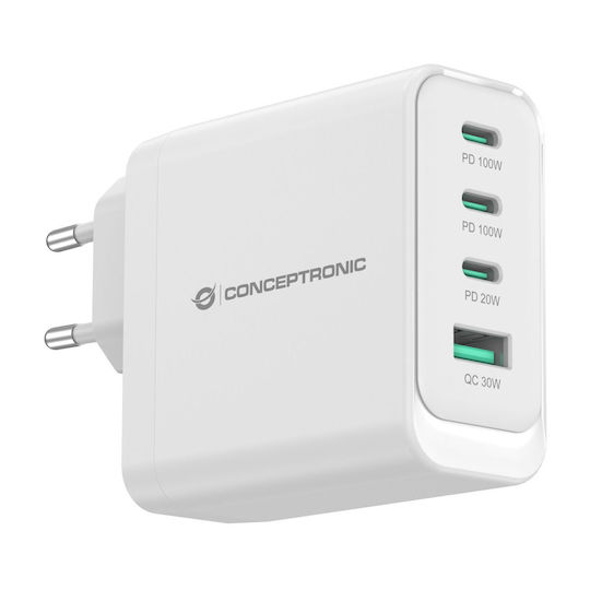 Conceptronic Charger Without Cable GaN with USB-A Port and 3 USB-C Ports 100W Power Delivery / Quick Charge 3.0 Whites (ALTHEA22W100)