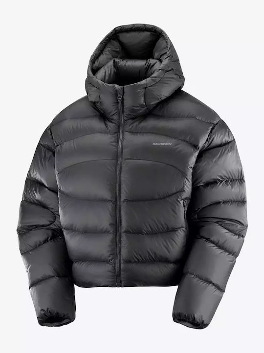 Women's Crop Puffer Jacket Waterproof and Windproof for Winter with Hood Black