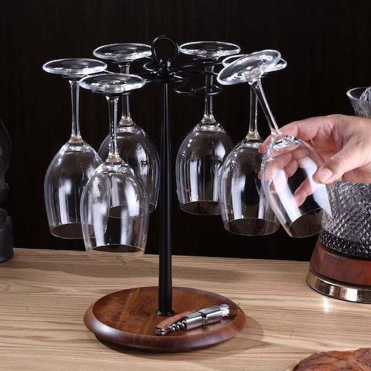 Suport Rotativ Pentru Pahare De Vin Bază Din Lemn Cadru Metalic 6 Pahare Negru Maro