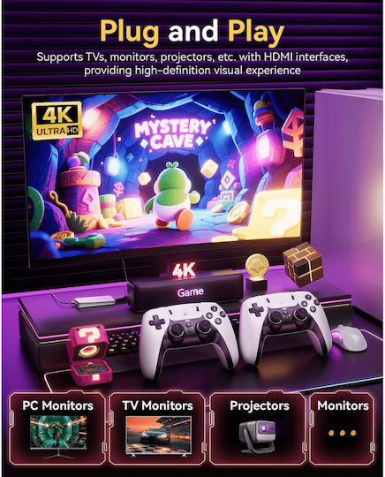 Gaming Stick 4k Hdmi 23 Εξομοιωτές & 20.000+ 2 Ασύρματα Χειριστήρια Ηλεκτρονική Παιδική Ρετρό Κονσόλα