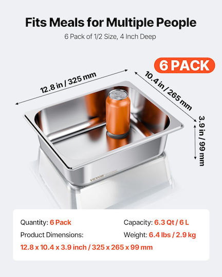 Vevor 1/2 Size Gastronorm Pans Steam Table Pans 4 Inch Deep Stainless Steel 6 Pack