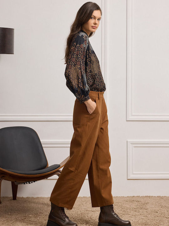 Women's Fabric Capri Trousers with Elastic Relaxed Fit Caramel