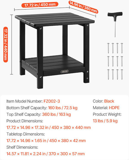 Sitting Room Outdoor Free Standing Table with Plastic Surface and Wood Frame Black 45x45xcm