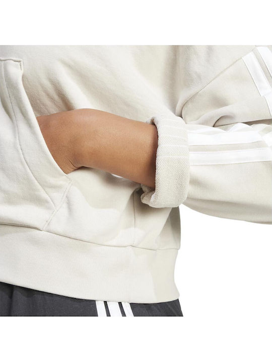 Essentials 3-stripes French Terry Γυναικεία Ζακέτα Φούτερ με Κουκούλα Εκρού