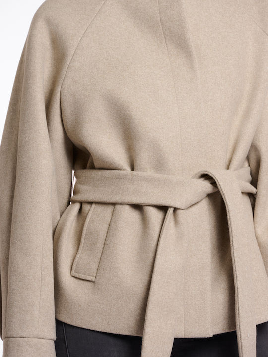 Damen Toffee Melange Kurzmantel mit Gürtel