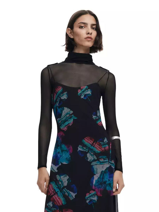 Lacroix Midi Evening Dress with Tulle and Mesh Black