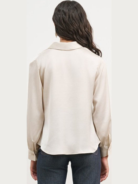 Women's Blouse Satin Long Sleeve Drape Beige