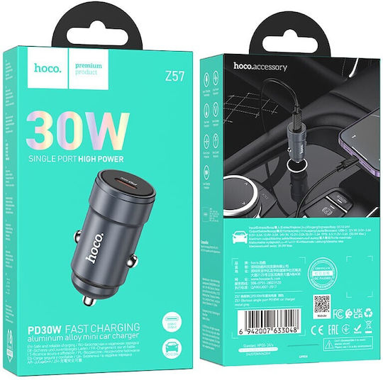 Hoco Încărcător Auto 30W 3A cu un Port: 1xType-C Gri Culoare