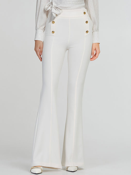 Women's Fabric Trousers Flared with Elastic Loose Fit Ecru