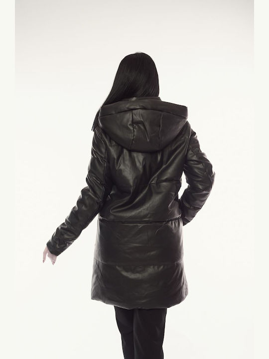 Women's Long Lifestyle Artificial Leather Jacket for Winter with Hood Black