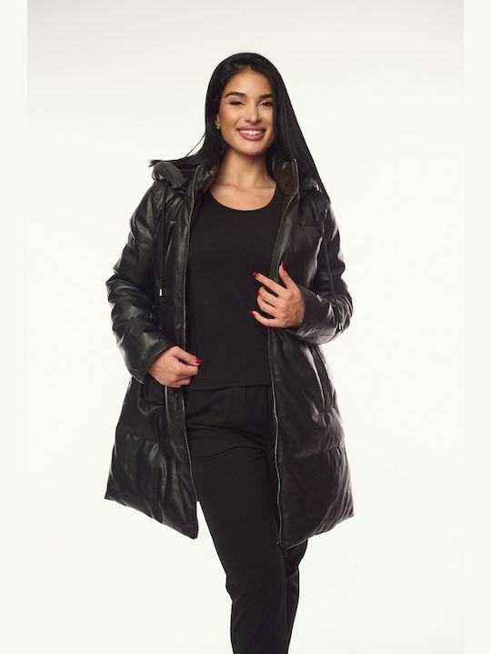 Women's Long Lifestyle Artificial Leather Jacket for Winter with Hood Black