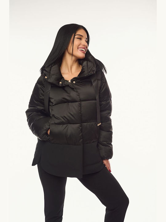 Women's Short Lifestyle Jacket for Winter with Hood Black