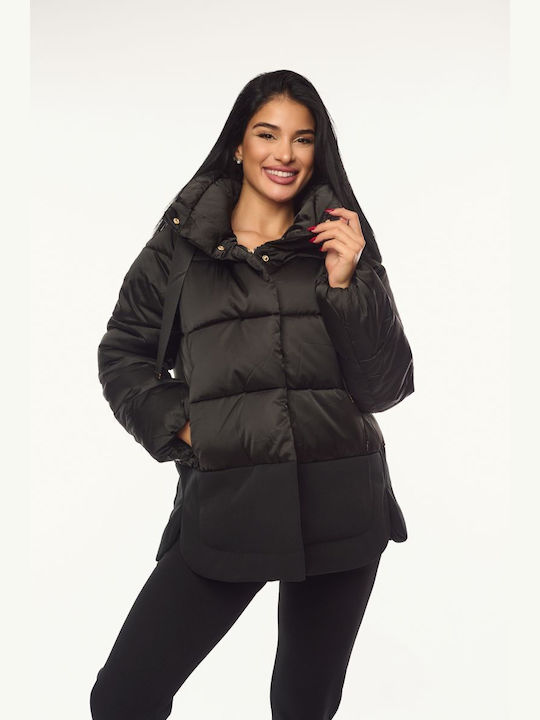 Women's Short Lifestyle Jacket for Winter with Hood Black