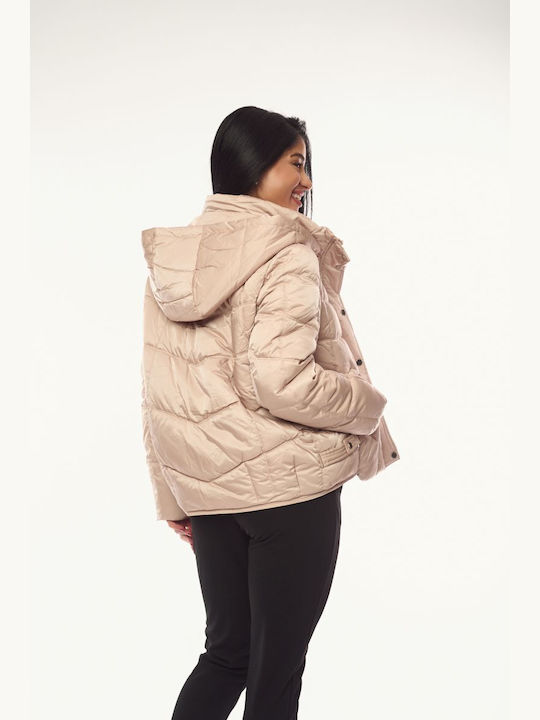 Women's Short Lifestyle Jacket for Winter with Hood Beige