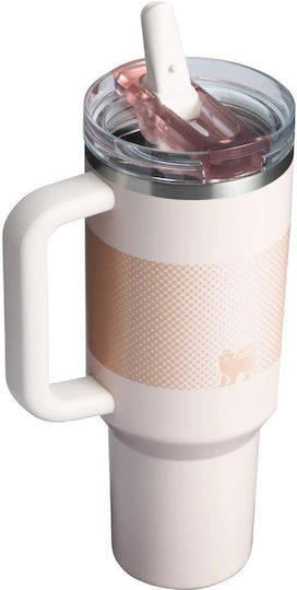 Stanley Flip Becher mit Griff Thermosflasche Rostfreier Stahl 1.18lt Rose Quartz Fade mit Stroh und Handgriff