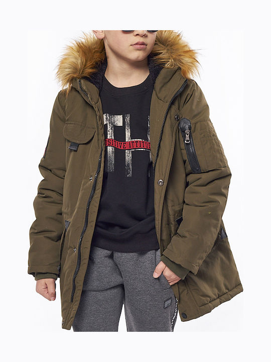 Kinder Freizeitjacke Lang Winddicht mit Kapuze Khaki