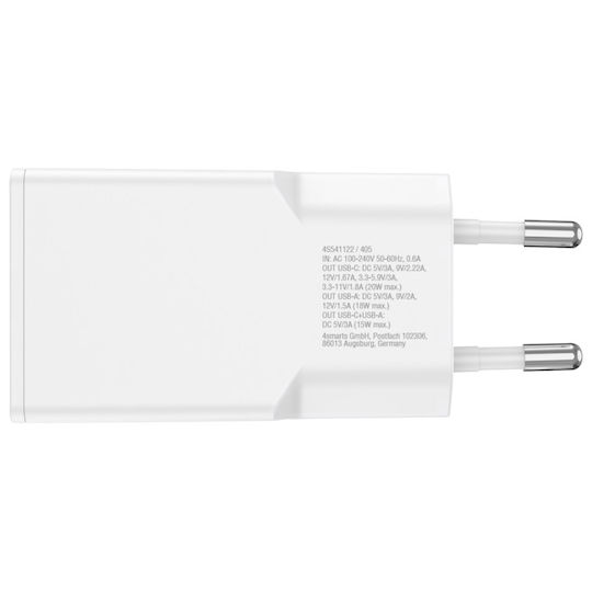4Smarts Φορτιστής GaN με Θύρα USB-A και Θύρα USB-C και Καλώδιο USB-C - USB-C 20W Power Delivery Λευκός (Slim Duos)