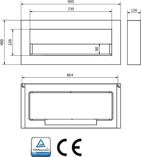 Globmetal Стенен Биоетанолова камина Вътрешно пространство Сив 90x12x40см