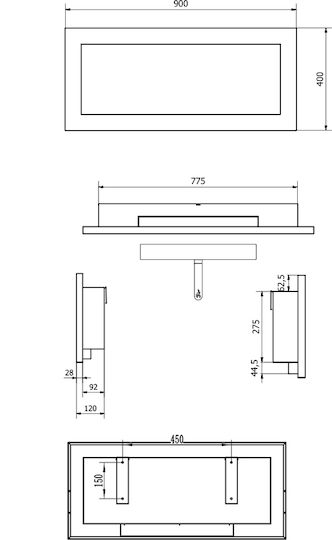 Globmetal Стенен Биоетанолова камина Вътрешно пространство Черен 90x12x40см