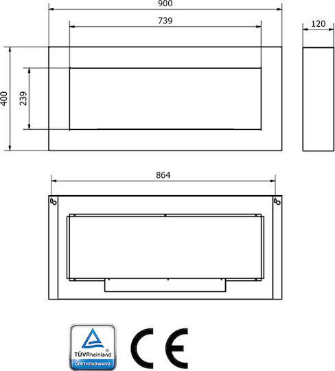 Globmetal Стенен Биоетанолова камина Вътрешно пространство Черен 90x12x40см