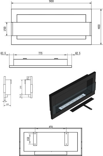 Globmetal Стенен Биоетанолова камина Вътрешно пространство Кафяв 90x12x40см