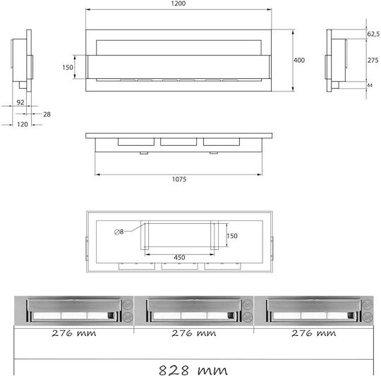 Globmetal Стенен Биоетанолова камина Вътрешно пространство Бял 120x12x40см