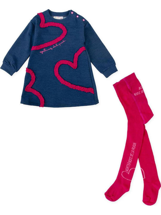 Girls Dress Sweatshirt Long Sleeve Denim Set with Tights Indigo