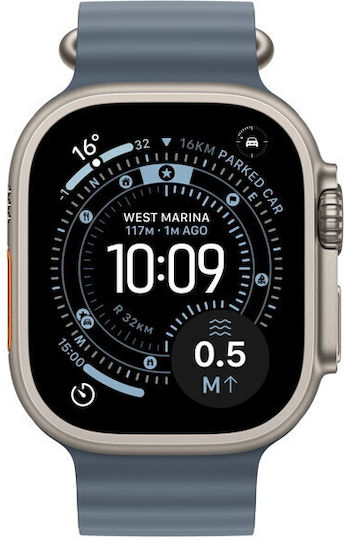 Apple Watch Ultra 3 Титан 49мм Водоустойчив с eSIM и Пулсомер (Natural Titanium Case with Anchor Blue Ocean Band)