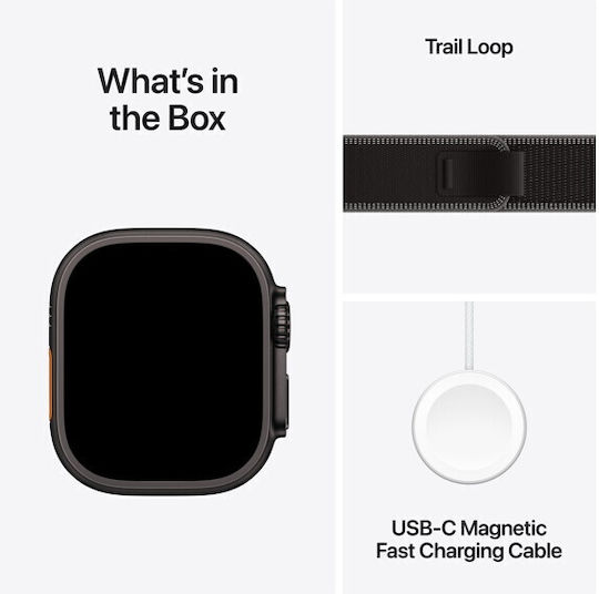 Apple Watch Ultra 3 Titanium 49mm Αδιάβροχο με eSIM και Παλμογράφο (Black Titanium Case with Black/Charcoal Trail Loop - S/M)