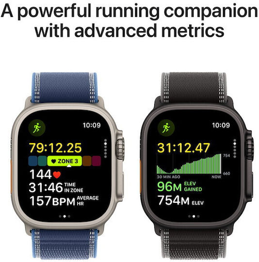 Apple Watch Ultra 3 Titanium 49mm Waterproof with eSIM and Heart Rate Monitor (Natural Titanium Case with Blue/Bright Blue Trail Loop - S/M)