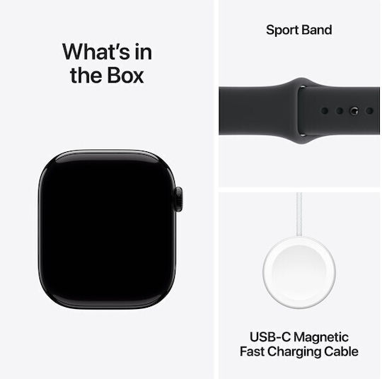 Apple Watch Series 11 Алуминий 46мм Водоустойчив с eSIM и Пулсомер (Jet Black Aluminium Case with Black Sport Band - S/M)