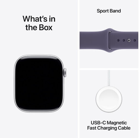 Apple Watch Series 11 Aluminium 42mm Wasserdicht mit Pulsmesser (Silver Aluminium Case with Purple Fog Sport Band - S/M)