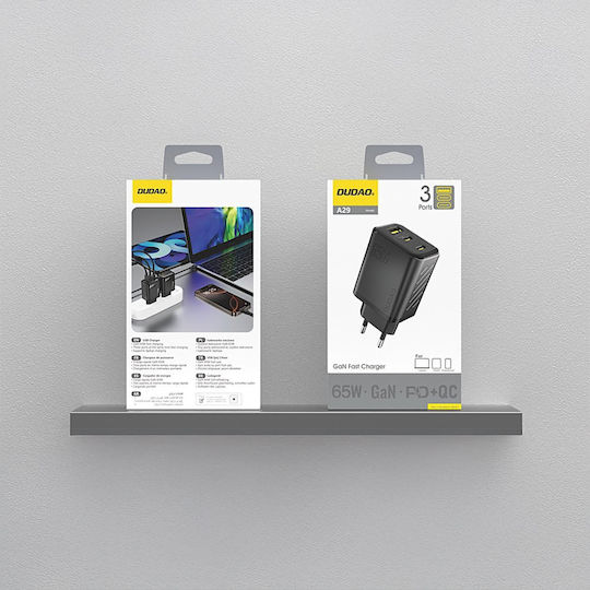 Dudao Charger Without Cable GaN with USB-A Port and 2 USB-C Ports 65W Power Delivery Blacks (A29)