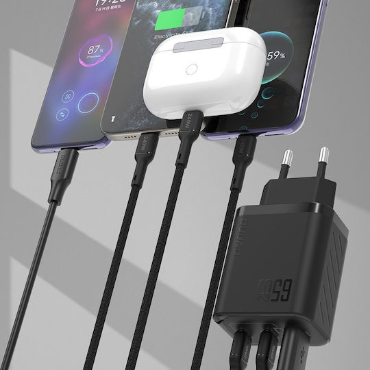 Dudao Charger GaN with USB-A Port and 2 USB-C Ports and Cable USB-C - USB-C 65W Power Delivery Blacks (A29)
