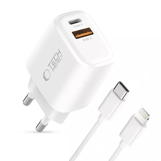 Tech-Protect Ladegerät mit USB-A Anschluss und USB-C Anschluss und Kabel USB-C - Lightning 20W Stromlieferung / Schnellaufladung 3.0 Weißs (NCA20)